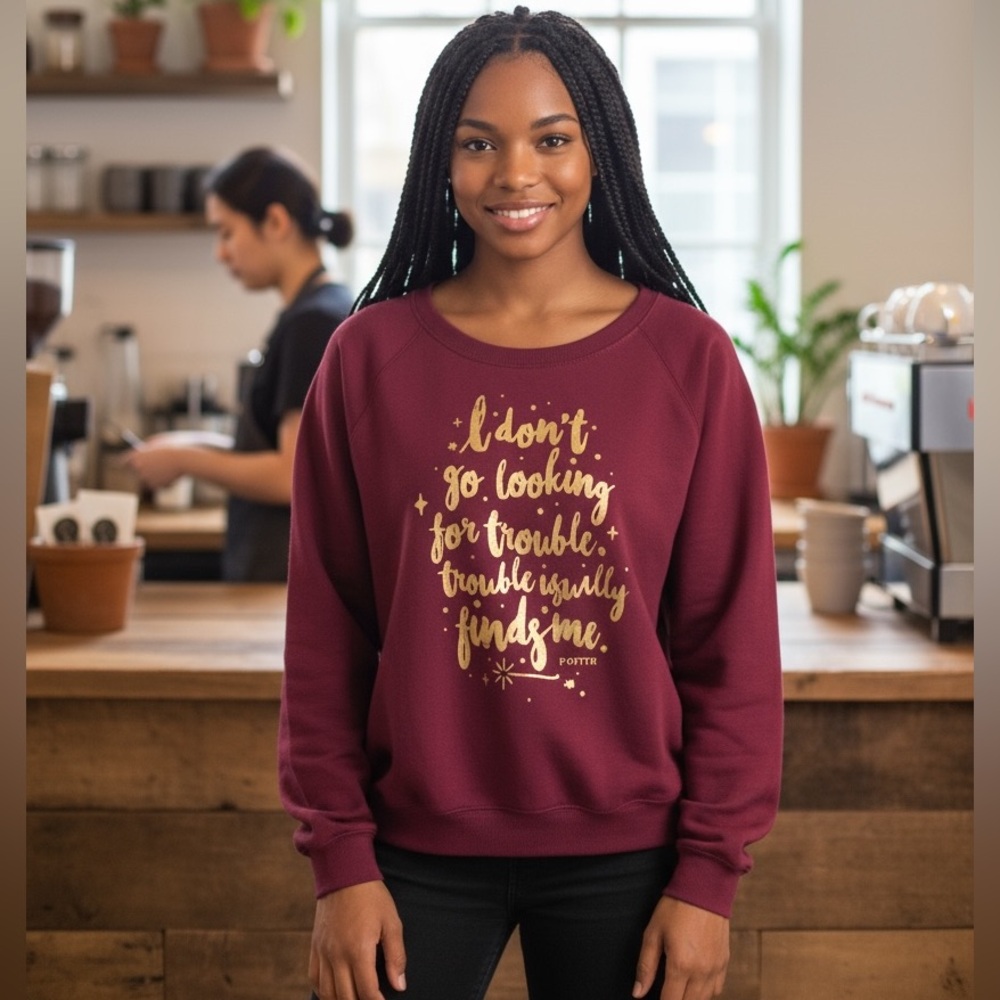 Harry Potter‎ sweatshirt burgundy gold metallic Trouble Finds Me scoop neck soft